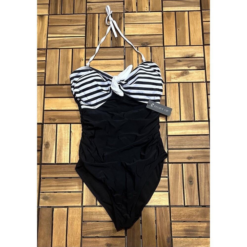 Tempt Me Women Sexy Cutout One Piece Swimsuits High Waisted Black Stripe Sz M